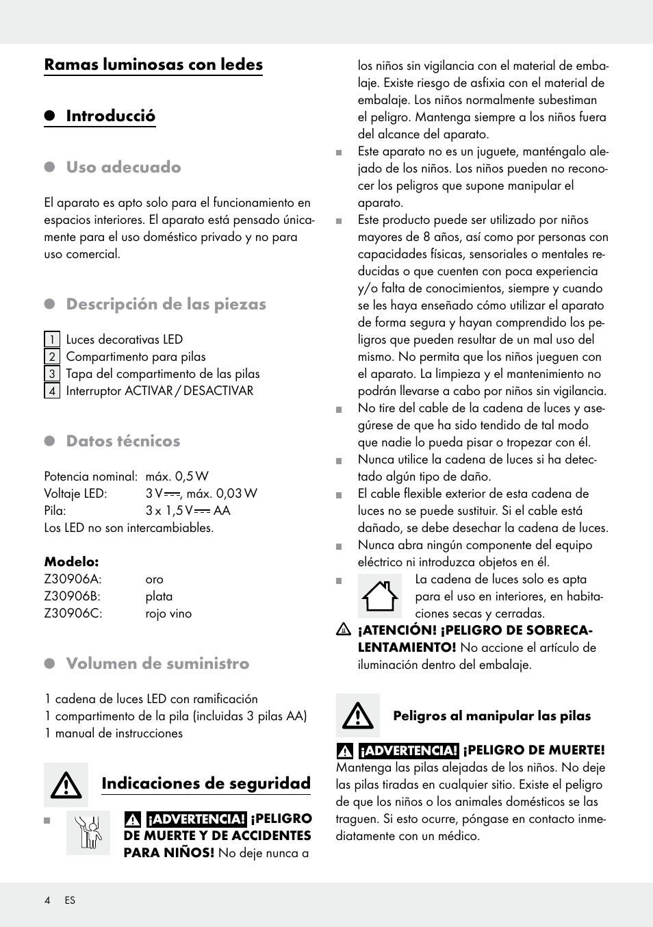 Ramas luminosas con ledes introducció uso adecuado, Descripción de las piezas, Datos técnicos | Volumen de suministro, Indicaciones de seguridad | Melinera Z30906A/Z30906B/Z30906C User Manual | Page 4 / 19