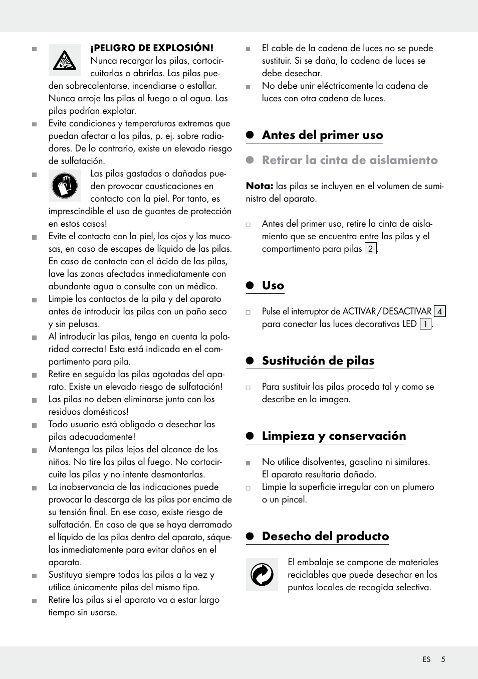 Sustitución de pilas, Limpieza y conservación, Desecho del producto | Melinera Z30906A/Z30906B/Z30906C User Manual | Page 5 / 19