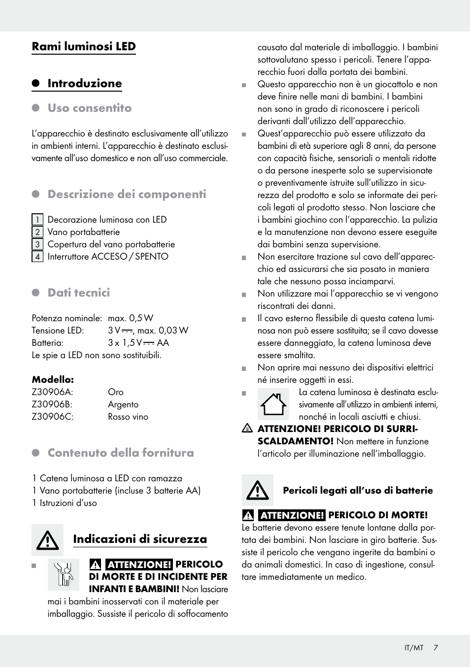 Rami luminosi led introduzione uso consentito, Descrizione dei componenti, Dati tecnici | Contenuto della fornitura, Indicazioni di sicurezza | Melinera Z30906A/Z30906B/Z30906C User Manual | Page 7 / 19