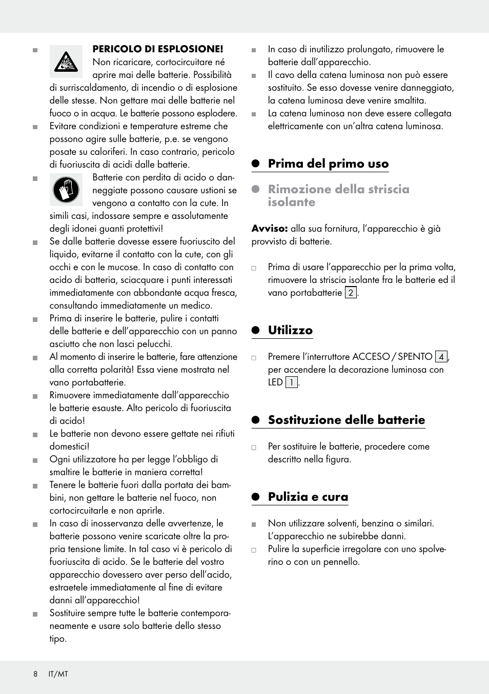 Utilizzo, Sostituzione delle batterie, Pulizia e cura | Melinera Z30906A/Z30906B/Z30906C User Manual | Page 8 / 19