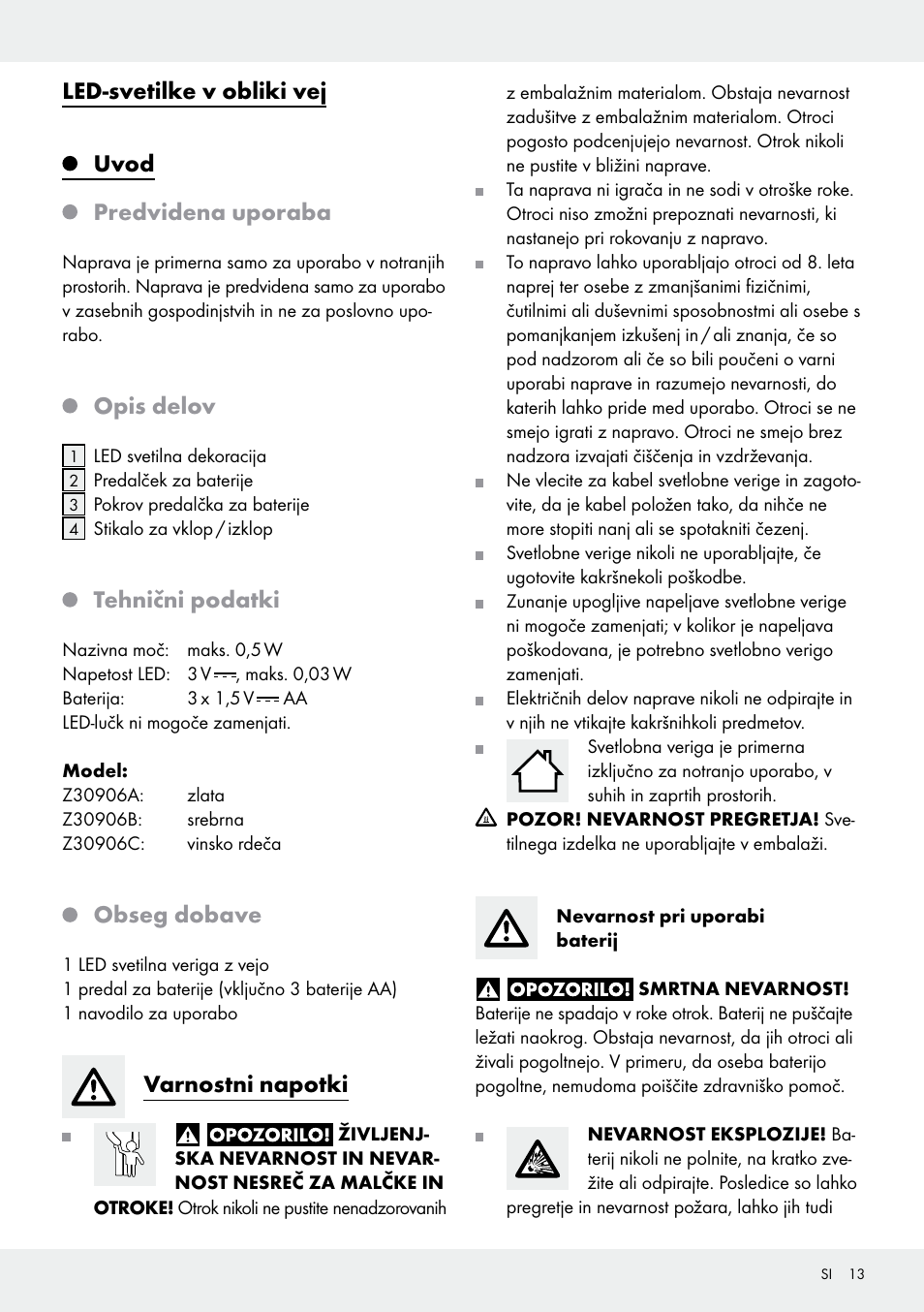 Led-svetilke v obliki vej uvod predvidena uporaba, Opis delov, Tehnični podatki | Obseg dobave, Varnostni napotki | Melinera Z30906A/Z30906B/Z30906C User Manual | Page 13 / 26