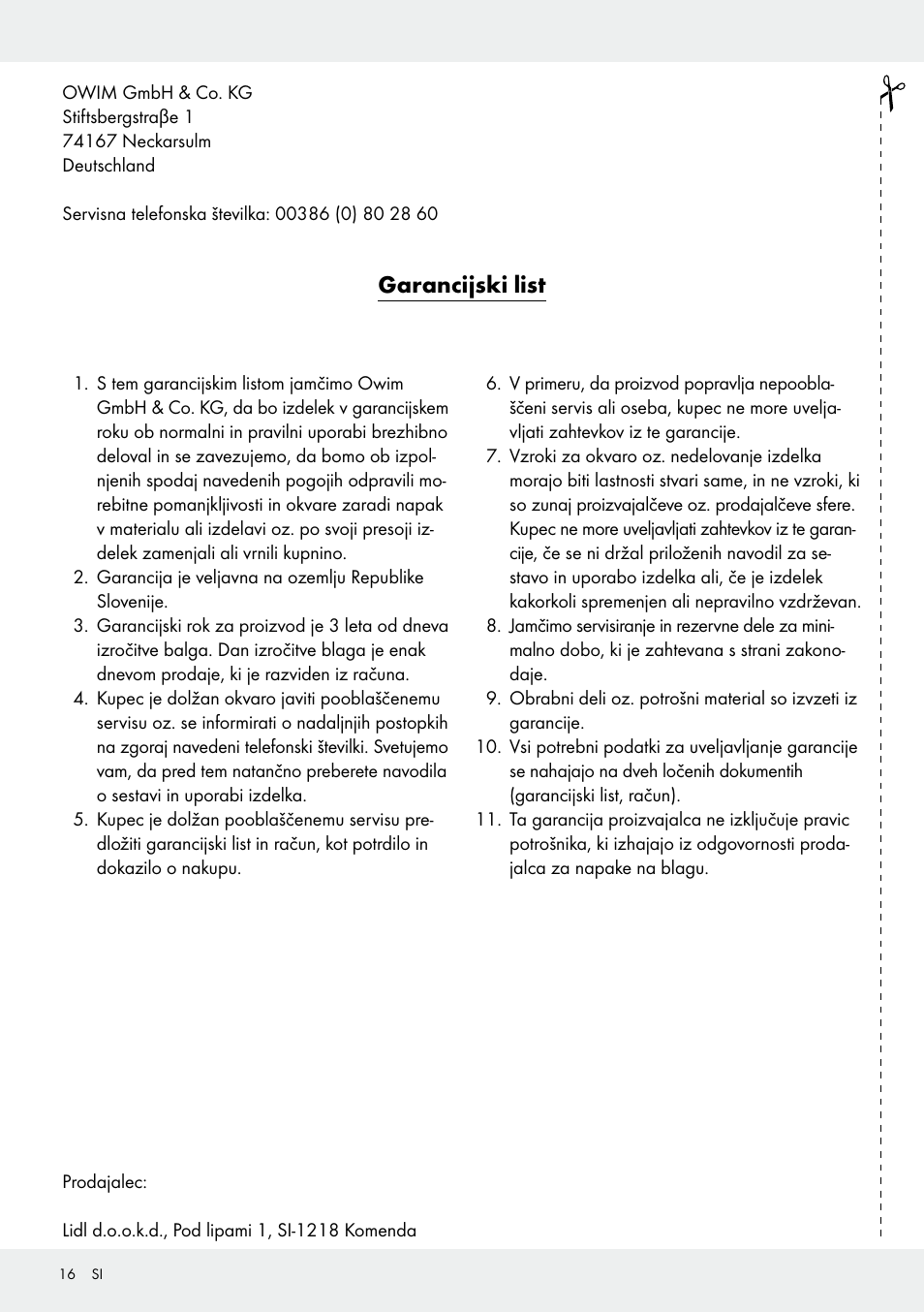 Garancijski list | Melinera Z30906A/Z30906B/Z30906C User Manual | Page 16 / 26