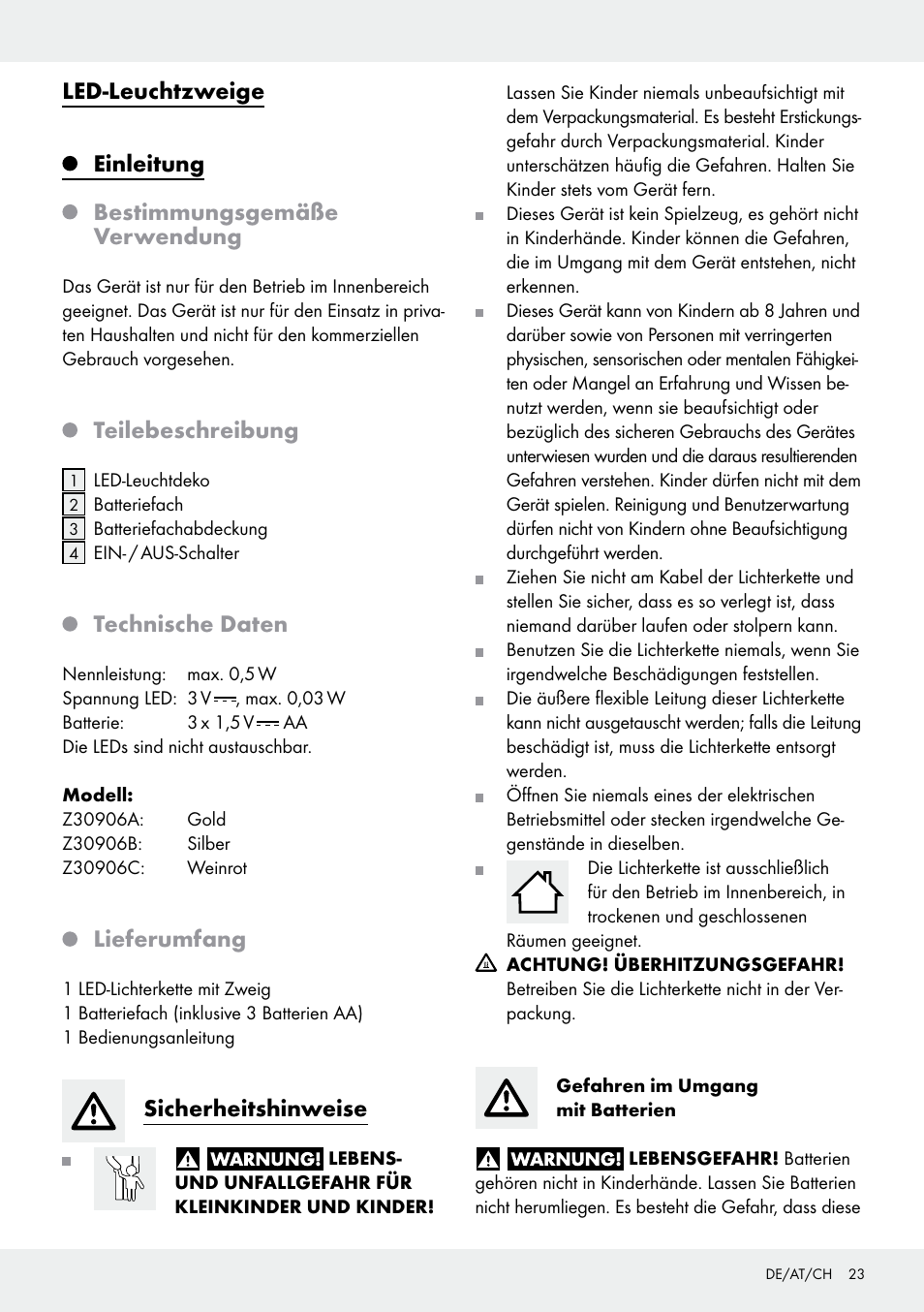 Teilebeschreibung, Technische daten, Lieferumfang | Sicherheitshinweise | Melinera Z30906A/Z30906B/Z30906C User Manual | Page 23 / 26