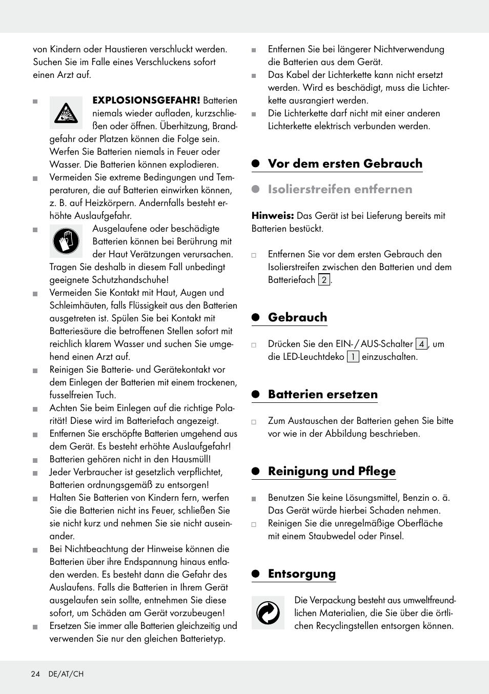 Vor dem ersten gebrauch isolierstreifen entfernen, Gebrauch, Batterien ersetzen | Reinigung und pflege, Entsorgung | Melinera Z30906A/Z30906B/Z30906C User Manual | Page 24 / 26