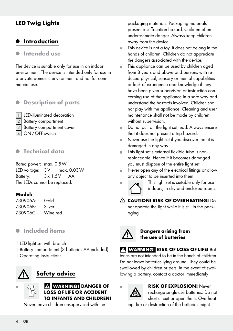 Led twig lights introduction intended use, Description of parts, Technical data | Included items, Safety advice | Melinera Z30906A/Z30906B/Z30906C User Manual | Page 4 / 26
