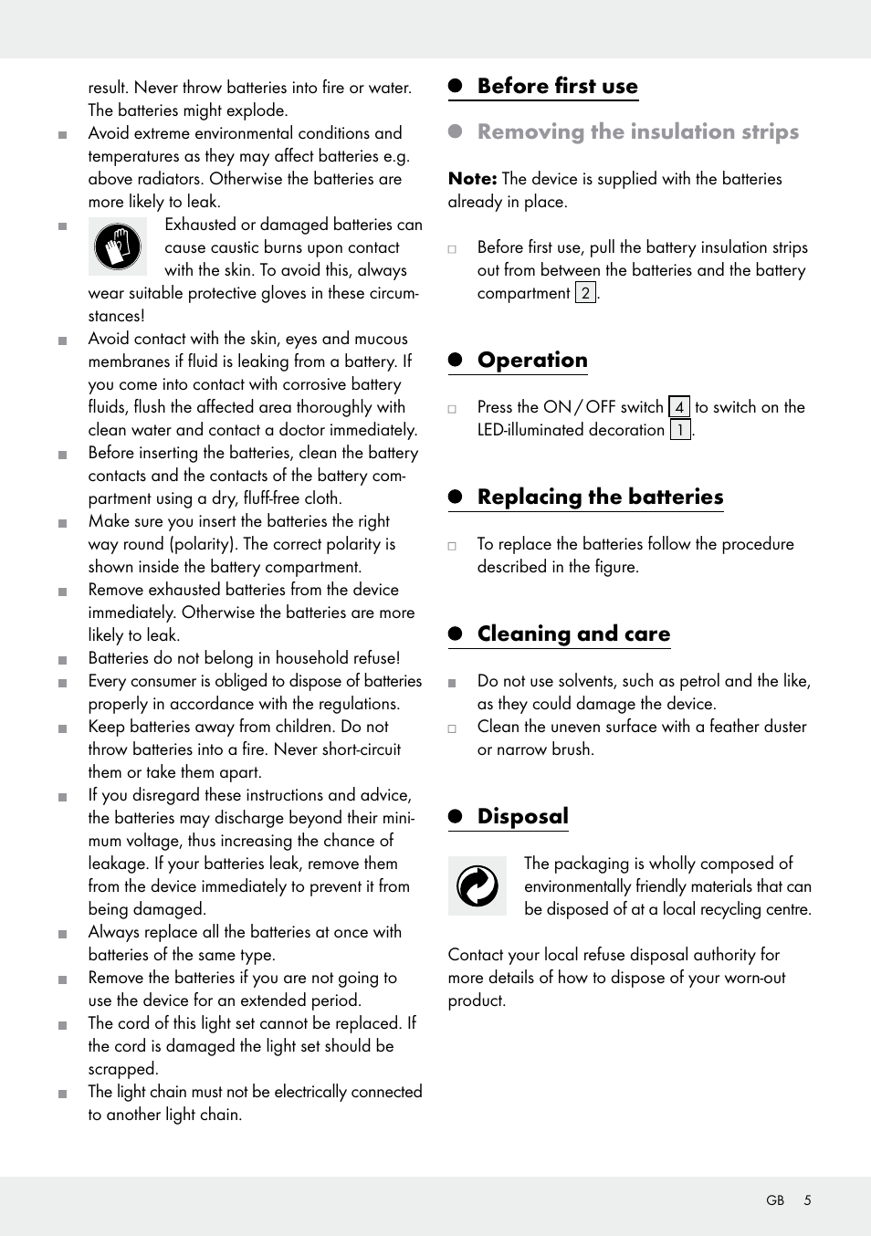 Before first use removing the insulation strips, Operation, Replacing the batteries | Cleaning and care, Disposal | Melinera Z30906A/Z30906B/Z30906C User Manual | Page 5 / 26