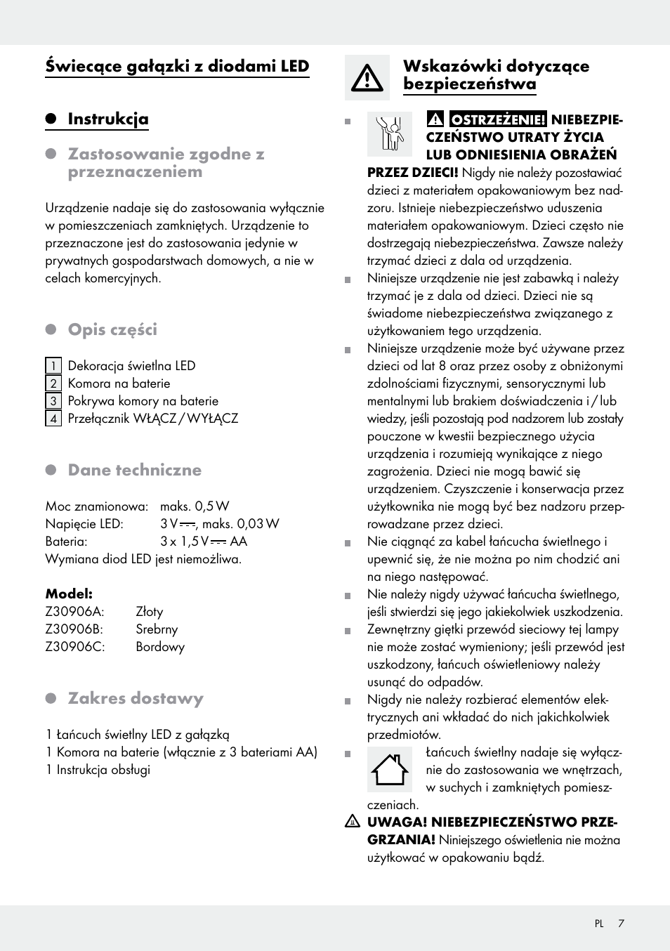 Opis części, Dane techniczne, Zakres dostawy | Wskazówki dotyczące bezpieczeństwa | Melinera Z30906A/Z30906B/Z30906C User Manual | Page 7 / 26