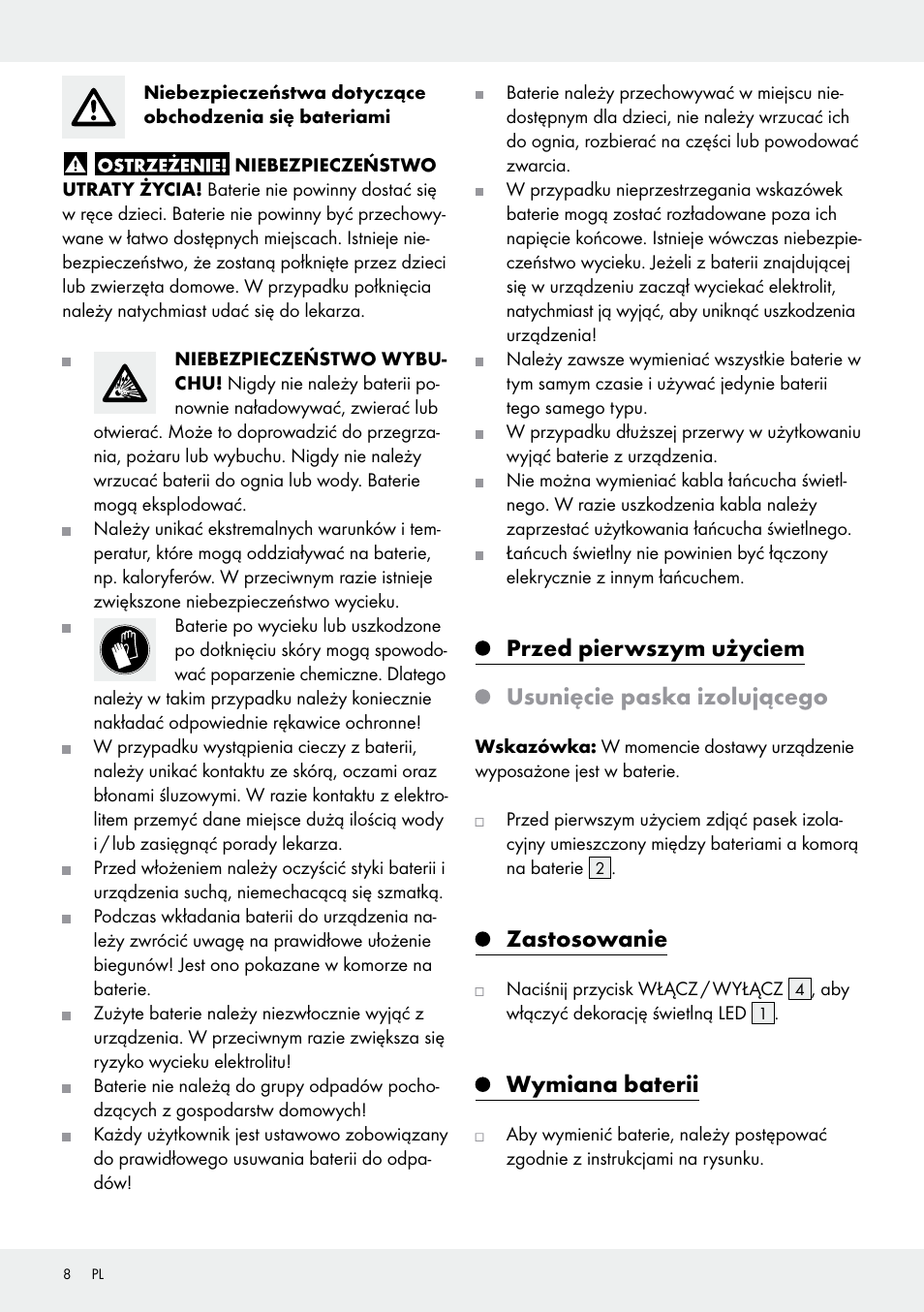 Zastosowanie, Wymiana baterii | Melinera Z30906A/Z30906B/Z30906C User Manual | Page 8 / 26