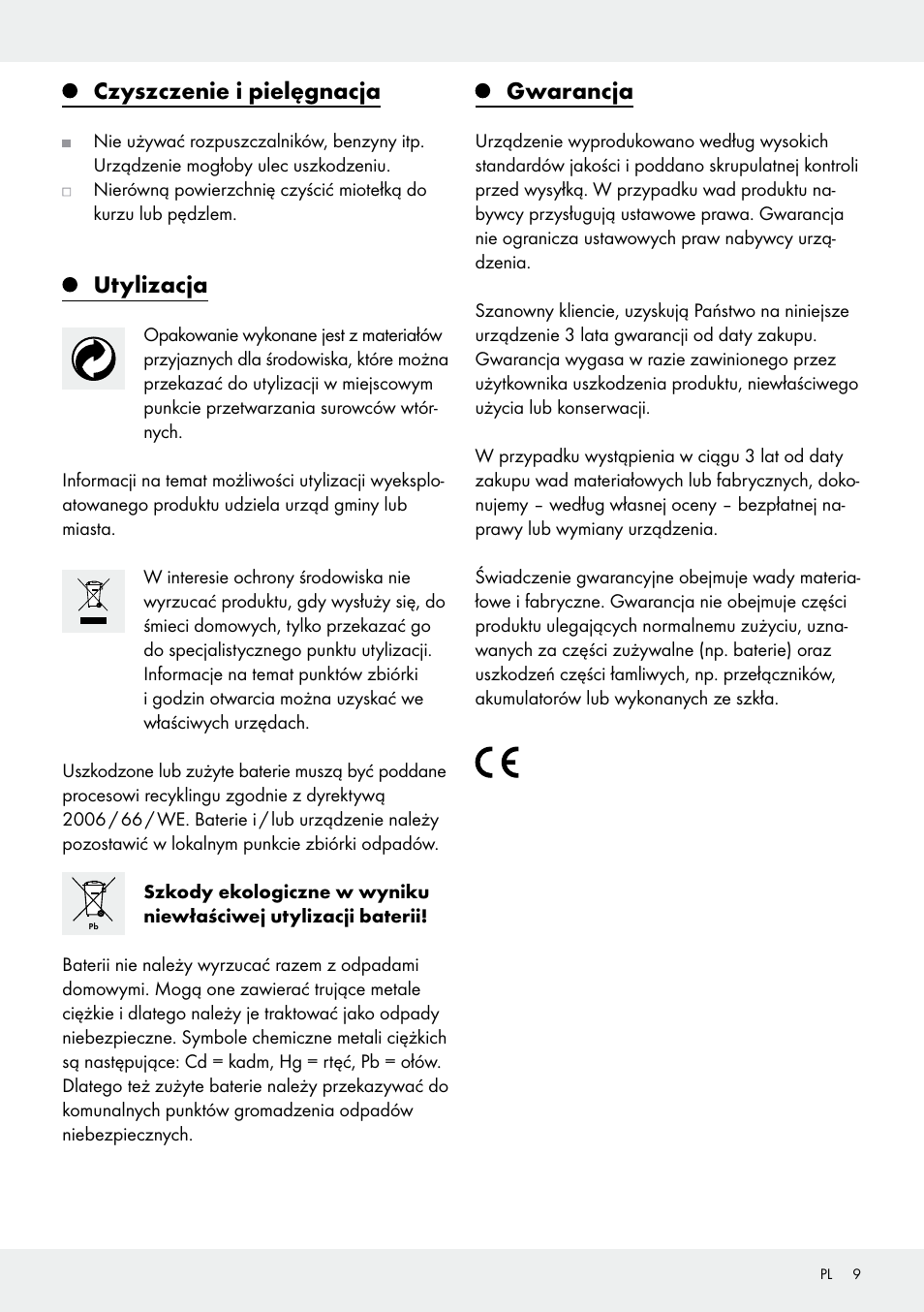 Czyszczenie i pielęgnacja, Utylizacja, Gwarancja | Melinera Z30906A/Z30906B/Z30906C User Manual | Page 9 / 26