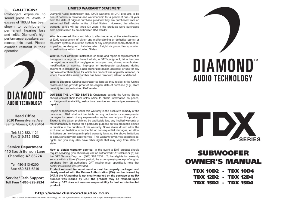 Diamond Audio Technology TDX 10D3 User Manual | 2 pages