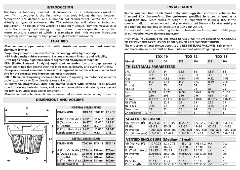 Diamond Audio Technology TDX 10D3 User Manual | Page 2 / 2