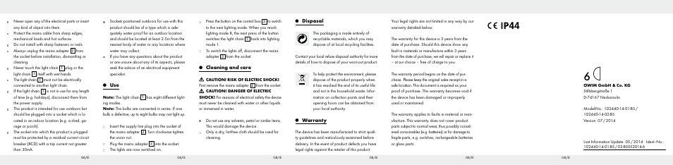 Disposal, Warranty, Cleaning and care | Melinera 102440-14-01-BS/ 102440-14-02-BS User Manual | Page 2 / 2