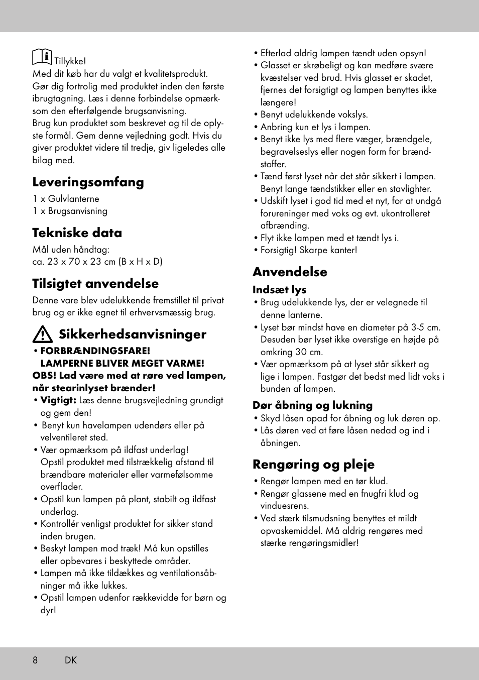 Leveringsomfang, Tekniske data, Tilsigtet anvendelse | Sikkerhedsanvisninger, Anvendelse, Rengøring og pleje | Melinera EL-2020 User Manual | Page 8 / 16