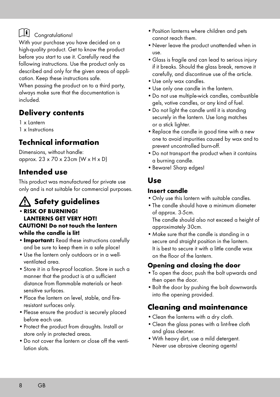 Delivery contents, Technical information, Intended use | Safety guidelines, Cleaning and maintenance | Melinera EL-2020 User Manual | Page 8 / 12