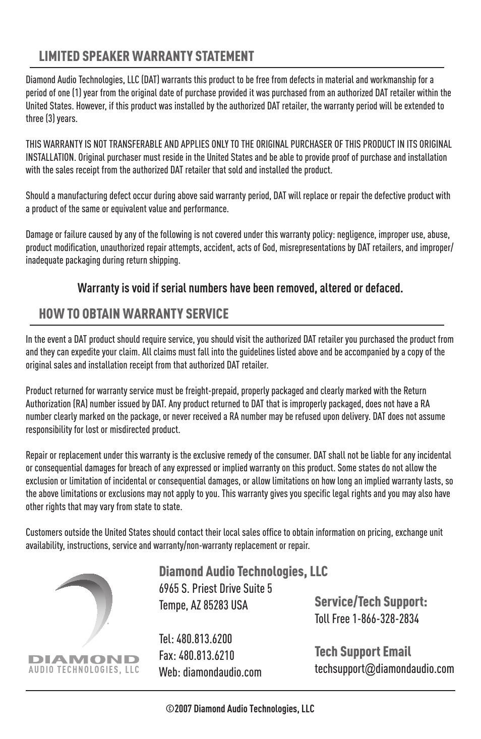 Limited speaker warranty statement, How to obtain warranty service, Diamond audio technologies, llc | Service/tech support, Tech support email | Diamond D342 User Manual | Page 8 / 8