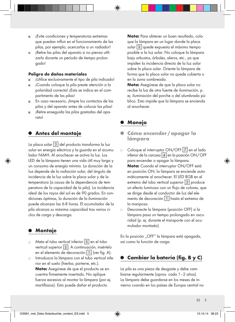 Antes del montaje, Montaje, Manejo cómo encender / apagar la lámpara | Cambiar la batería (fig. b y c) | Melinera 103581-14-0х User Manual | Page 5 / 20