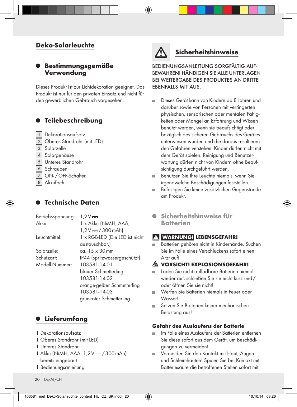 Deko-solarleuchte bestimmungsgemäße verwendung, Teilebeschreibung, Technische daten | Lieferumfang, Sicherheitshinweise, Sicherheitshinweise für batterien | Melinera 103581-14-0х User Manual | Page 20 / 24