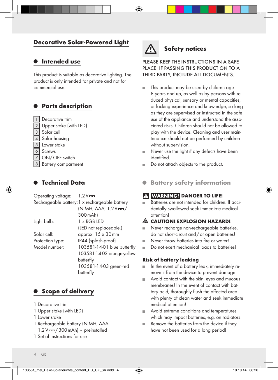 Decorative solar-powered light intended use, Parts description, Technical data | Scope of delivery, Safety notices, Battery safety information | Melinera 103581-14-0х User Manual | Page 4 / 24