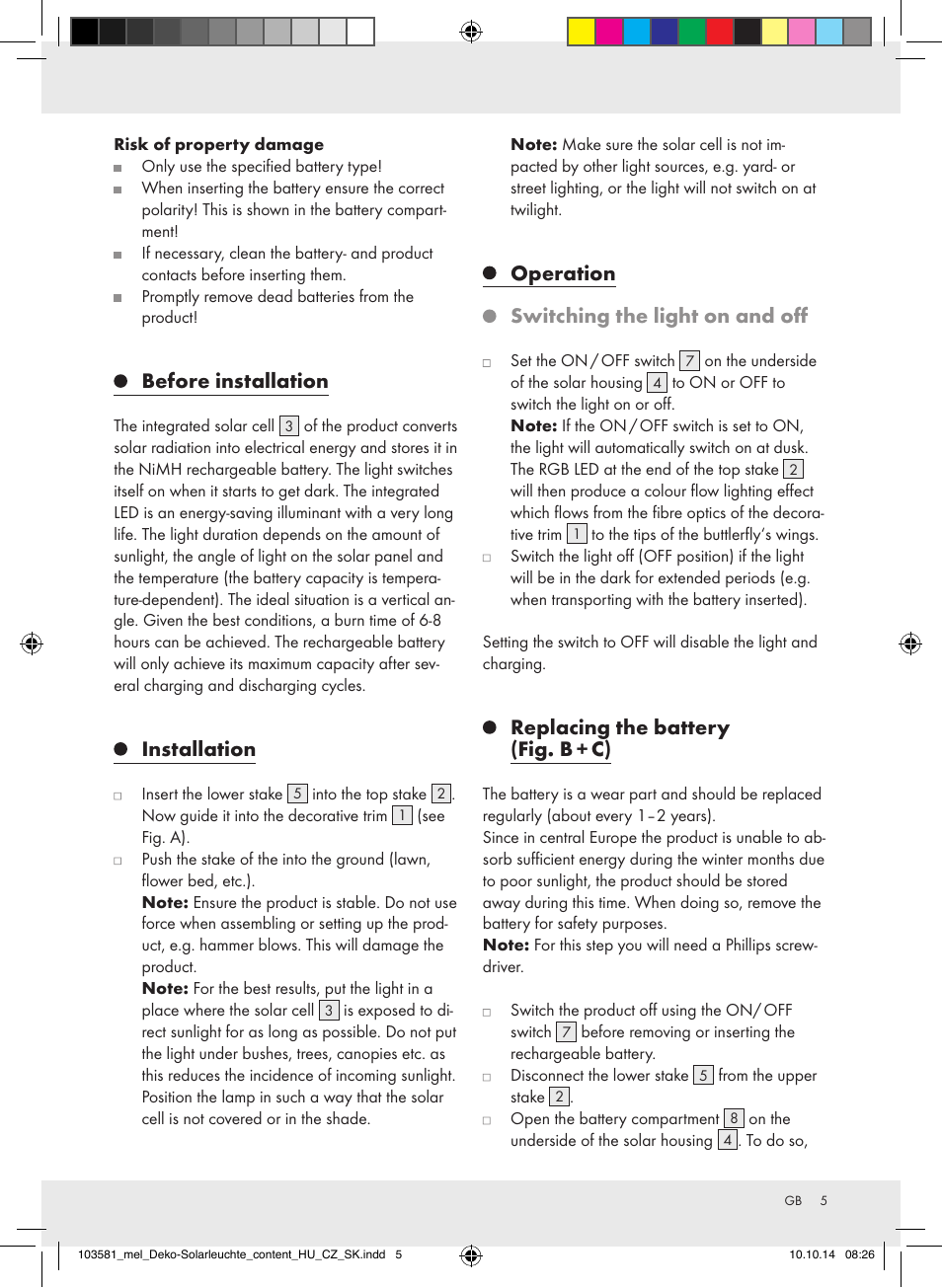 Before installation, Installation, Operation switching the light on and off | Replacing the battery (fig. b + c) | Melinera 103581-14-0х User Manual | Page 5 / 24
