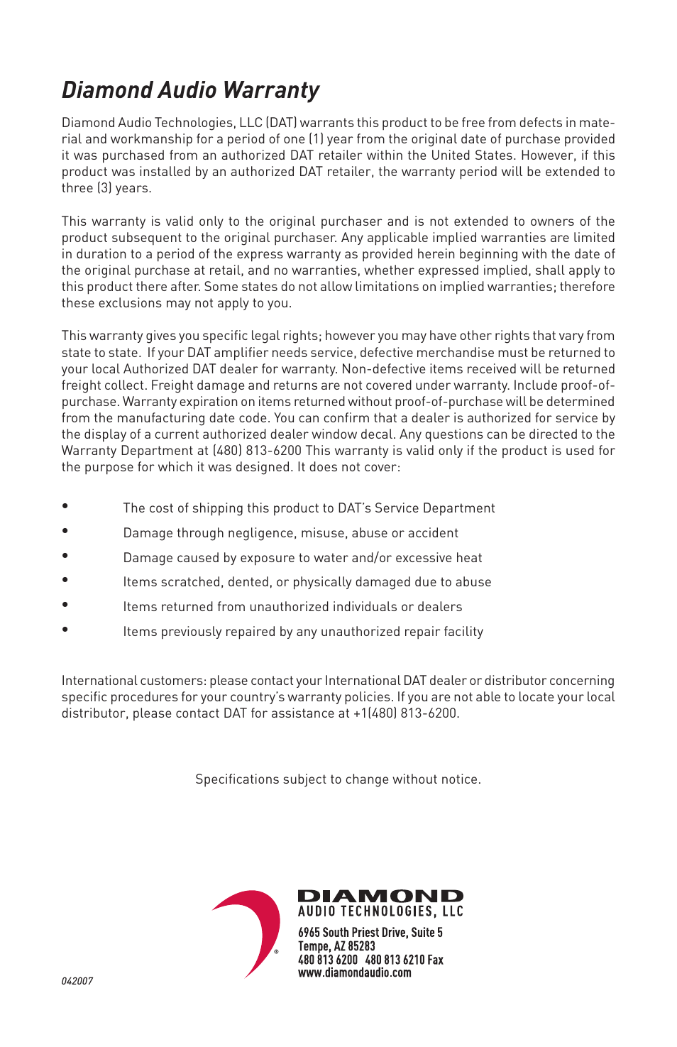Diamond audio warranty | Diamond Audio Technology D1 300.4 User Manual | Page 12 / 12