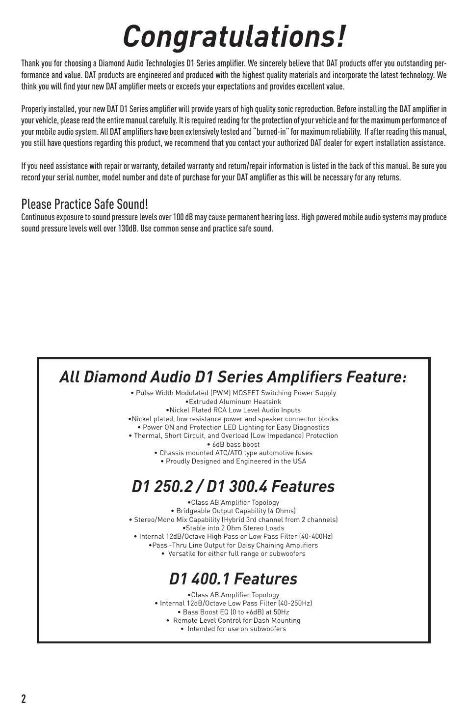 All diamond audio d1 series amplifiers feature, Please practice safe sound | Diamond Audio Technology D1 300.4 User Manual | Page 2 / 12