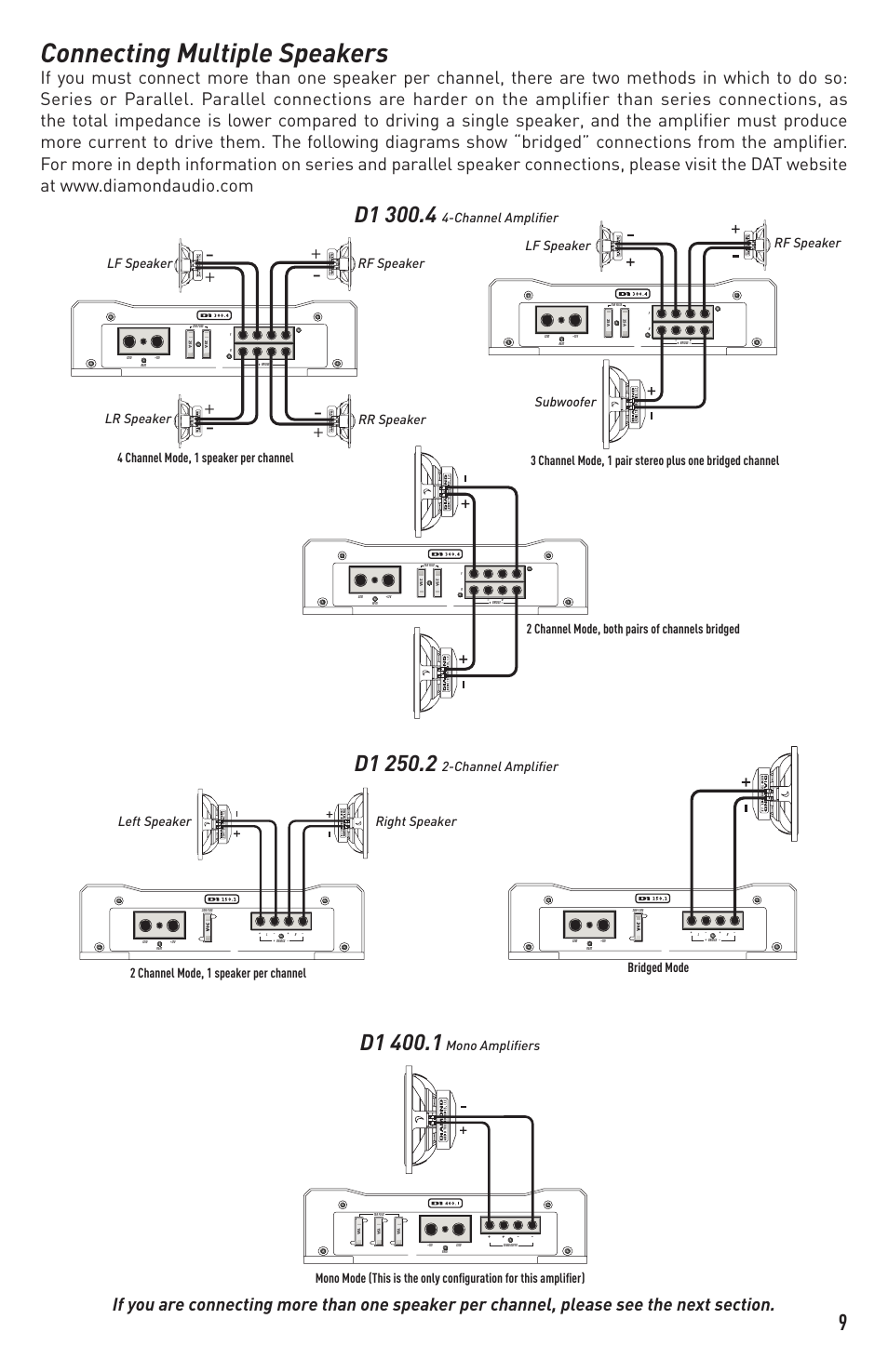 Connecting multiple speakers, Mono amplifiers | Diamond Audio Technology D1 300.4 User Manual | Page 9 / 12