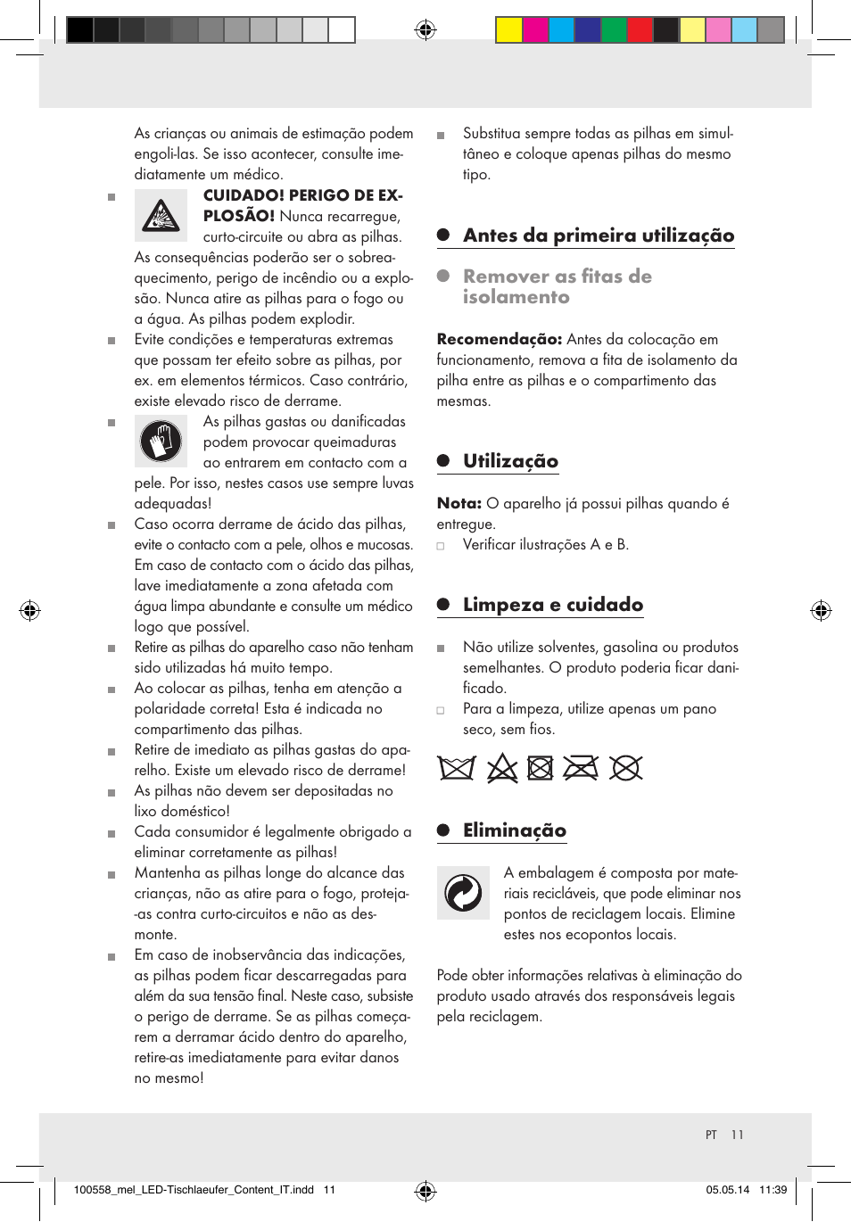 Utilização, Limpeza e cuidado, Eliminação | Melinera Z30923A/Z30923B/Z30923C User Manual | Page 11 / 19