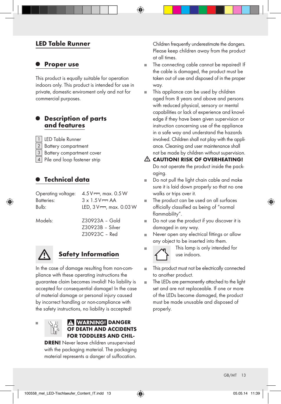 Led table runner proper use, Description of parts and features, Technical data | Safety information | Melinera Z30923A/Z30923B/Z30923C User Manual | Page 13 / 19