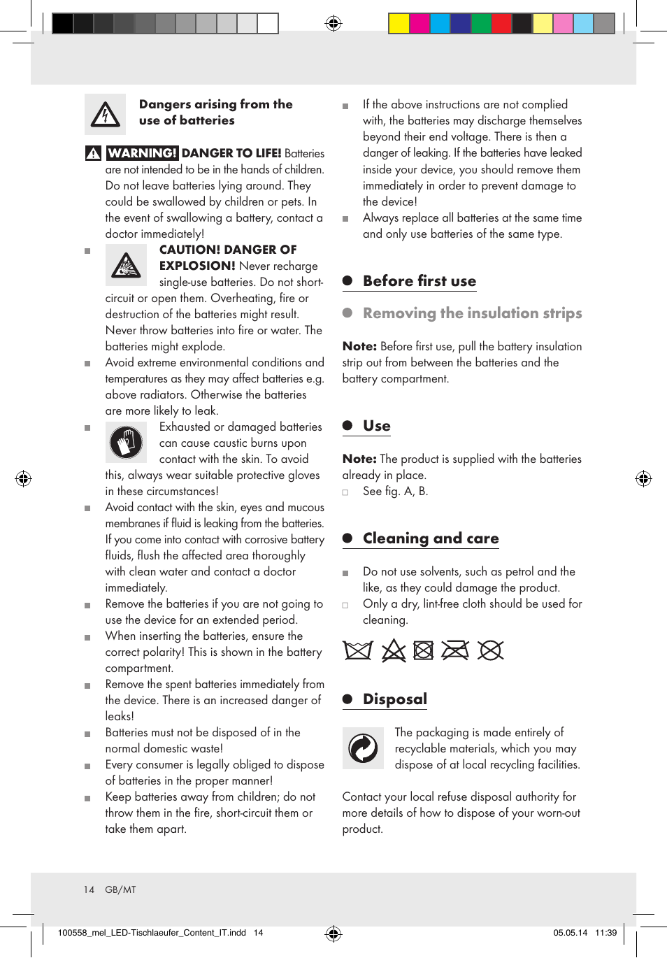 Before first use removing the insulation strips, Cleaning and care, Disposal | Melinera Z30923A/Z30923B/Z30923C User Manual | Page 14 / 19