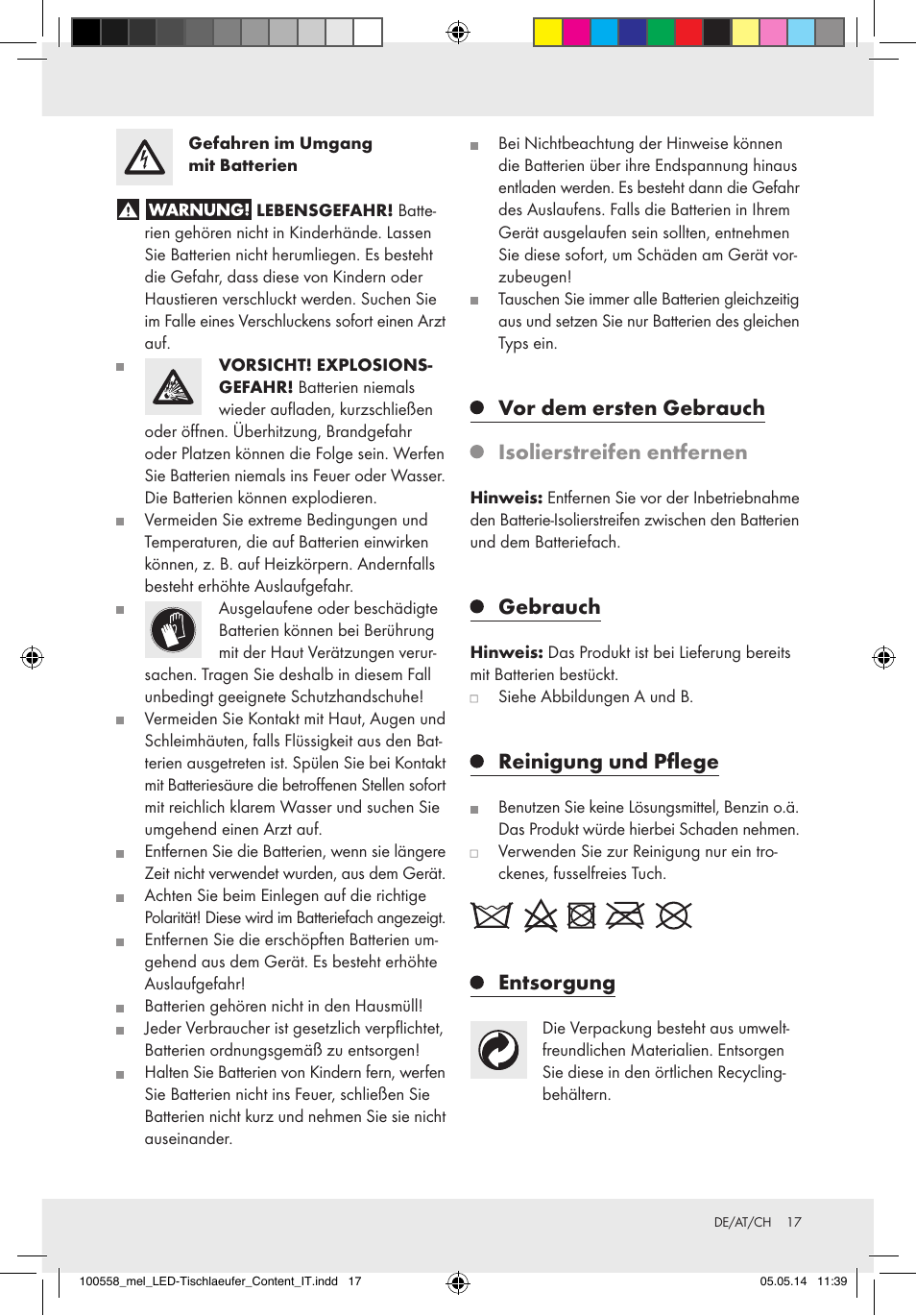 Vor dem ersten gebrauch isolierstreifen entfernen, Gebrauch, Reinigung und pflege | Entsorgung | Melinera Z30923A/Z30923B/Z30923C User Manual | Page 17 / 19