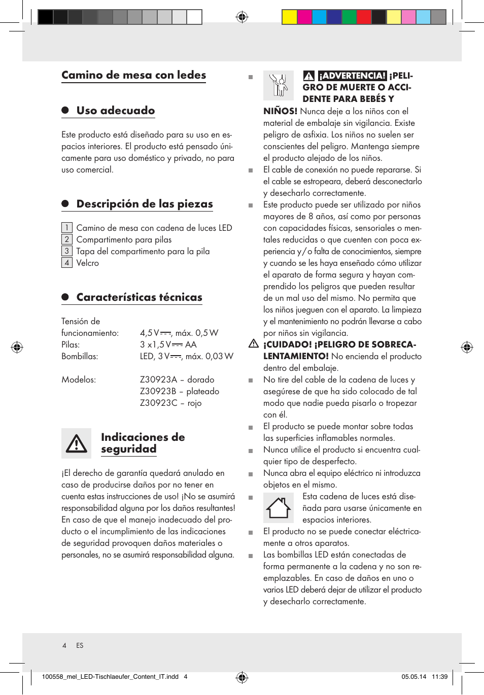 Camino de mesa con ledes uso adecuado, Descripción de las piezas, Características técnicas | Indicaciones de seguridad | Melinera Z30923A/Z30923B/Z30923C User Manual | Page 4 / 19