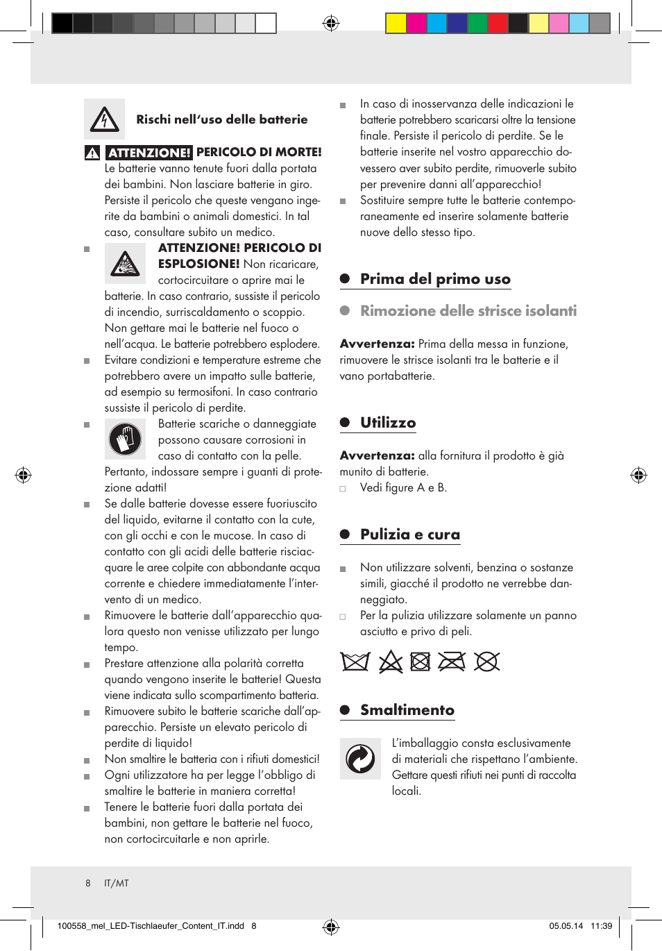 Utilizzo, Pulizia e cura, Smaltimento | Melinera Z30923A/Z30923B/Z30923C User Manual | Page 8 / 19