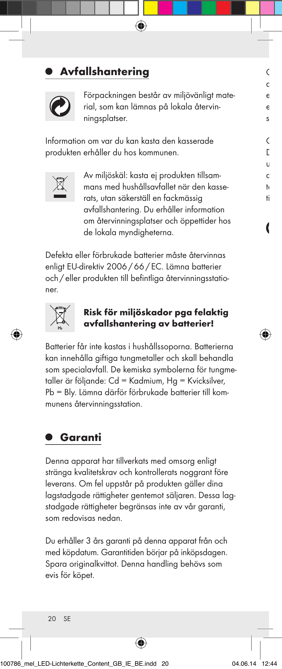 Avfallshantering, Garanti | Melinera 100786-14-01/02/03/04/05 User Manual | Page 20 / 47