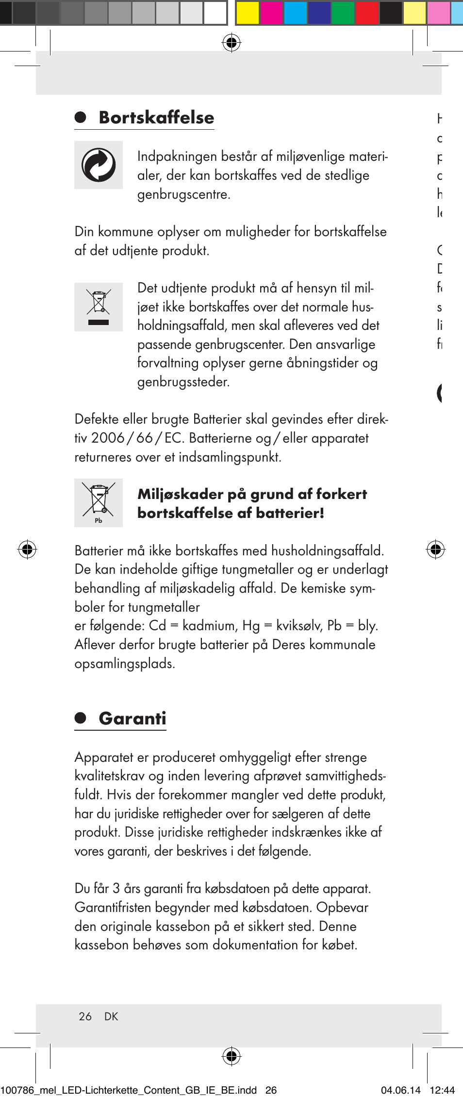 Bortskaffelse, Garanti | Melinera 100786-14-01/02/03/04/05 User Manual | Page 26 / 47