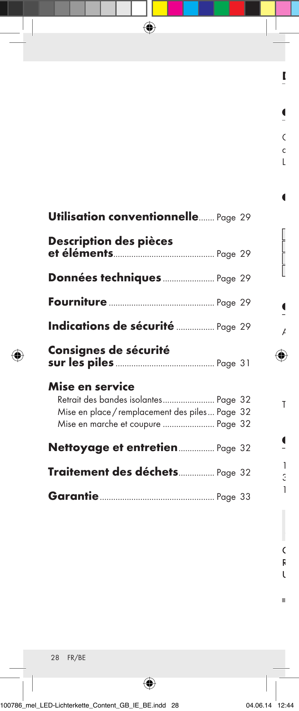 Utilisation conventionnelle, Description des pièces et éléments, Données techniques | Fourniture, Indications de sécurité, Consignes de sécurité sur les piles, Mise en service, Nettoyage et entretien, Traitement des déchets, Garantie | Melinera 100786-14-01/02/03/04/05 User Manual | Page 28 / 47