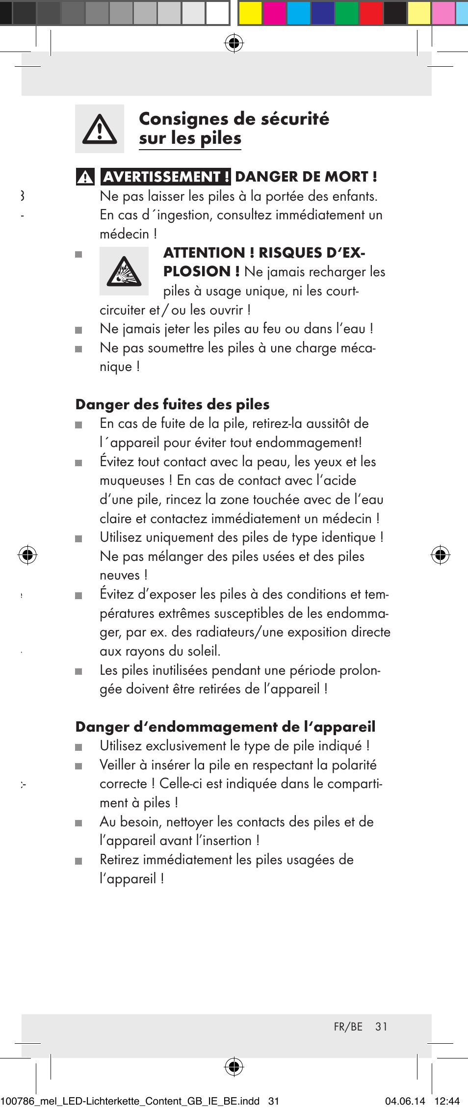 Consignes de sécurité sur les piles | Melinera 100786-14-01/02/03/04/05 User Manual | Page 31 / 47