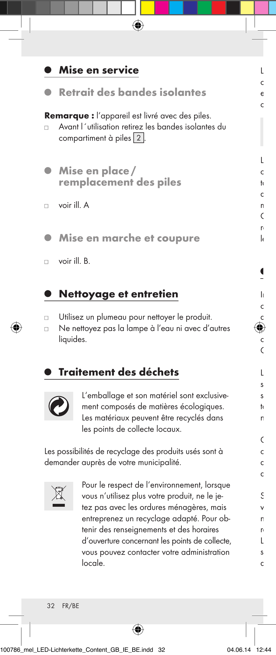 Mise en service retrait des bandes isolantes, Mise en place / remplacement des piles, Mise en marche et coupure | Nettoyage et entretien, Traitement des déchets, Garantie | Melinera 100786-14-01/02/03/04/05 User Manual | Page 32 / 47