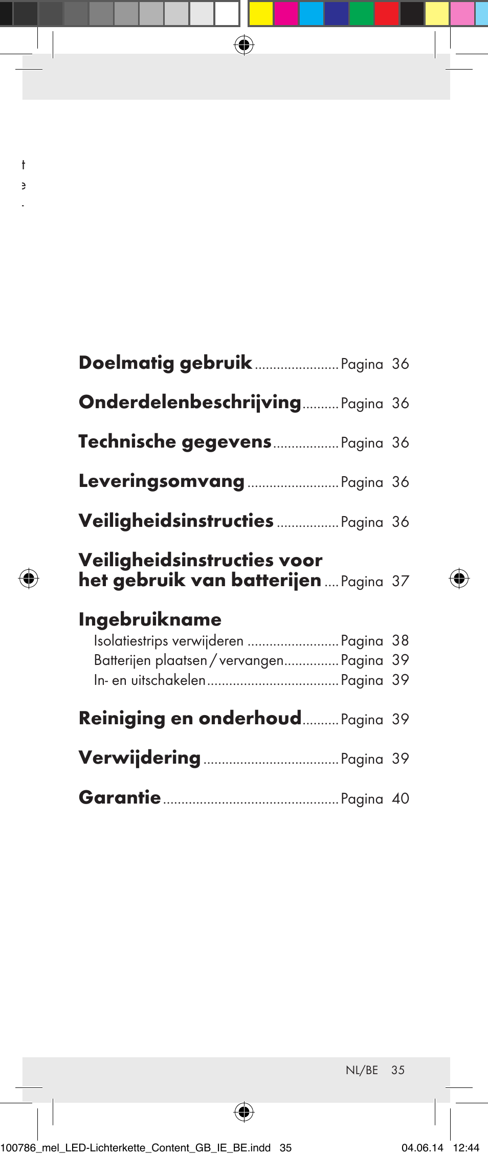 Doelmatig gebruik, Onderdelenbeschrijving, Technische gegevens | Leveringsomvang, Veiligheidsinstructies, Ingebruikname, Reiniging en onderhoud, Verwijdering, Garantie | Melinera 100786-14-01/02/03/04/05 User Manual | Page 35 / 47