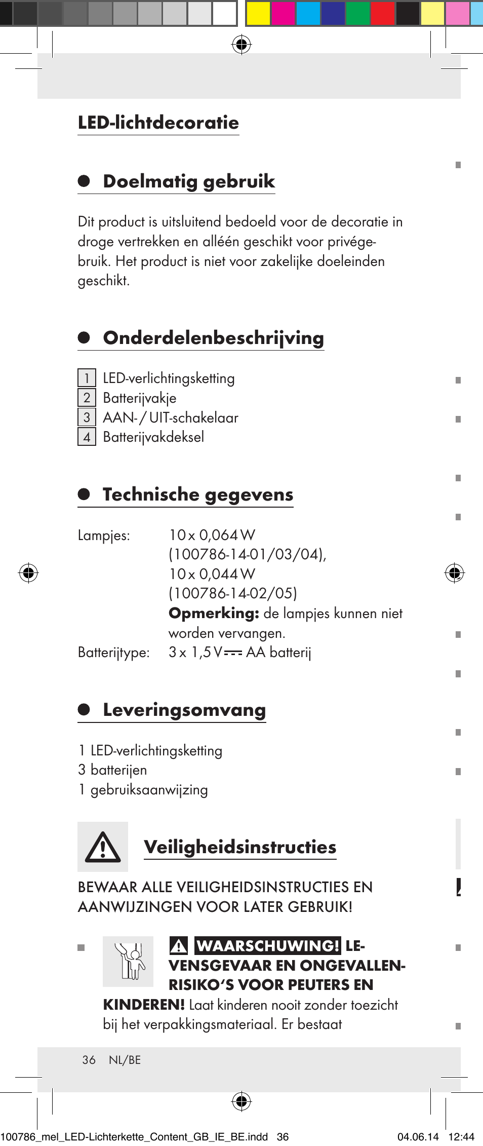 Led-lichtdecoratie doelmatig gebruik, Onderdelenbeschrijving, Technische gegevens | Leveringsomvang, Veiligheidsinstructies | Melinera 100786-14-01/02/03/04/05 User Manual | Page 36 / 47