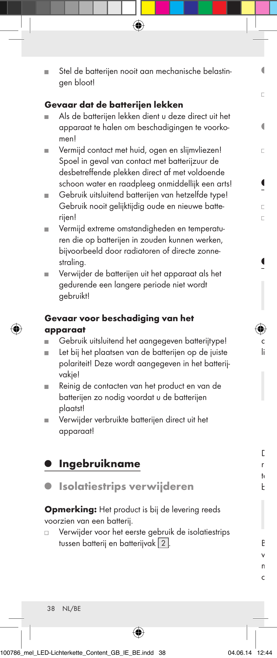 Batterijen plaatsen / vervangen, In- en uitschakelen, Reiniging en onderhoud | Verwijdering, Ingebruikname isolatiestrips verwijderen | Melinera 100786-14-01/02/03/04/05 User Manual | Page 38 / 47
