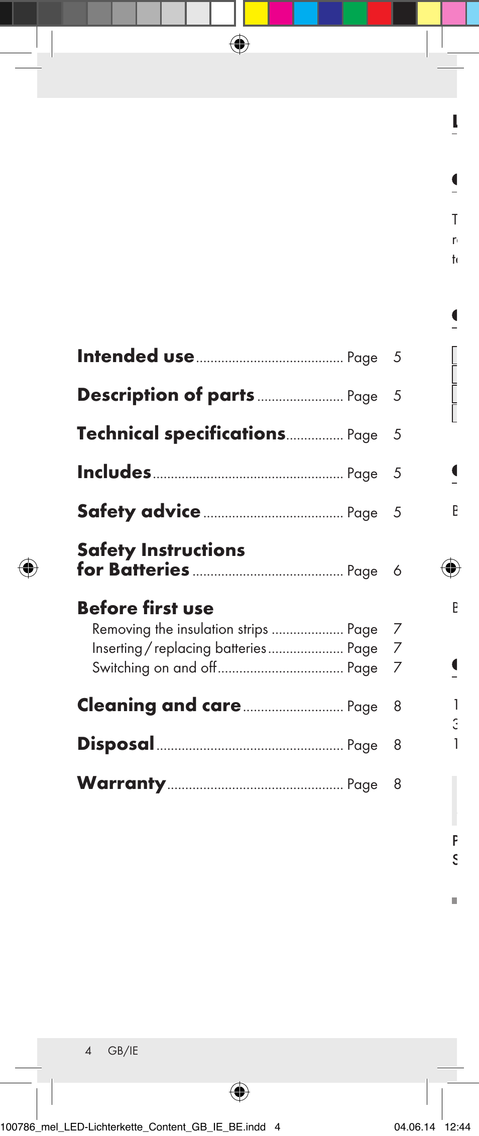 Intended use, Description of parts, Technical specifications | Includes, Safety advice, Safety instructions for batteries, Before first use, Cleaning and care, Disposal, Warranty | Melinera 100786-14-01/02/03/04/05 User Manual | Page 4 / 47