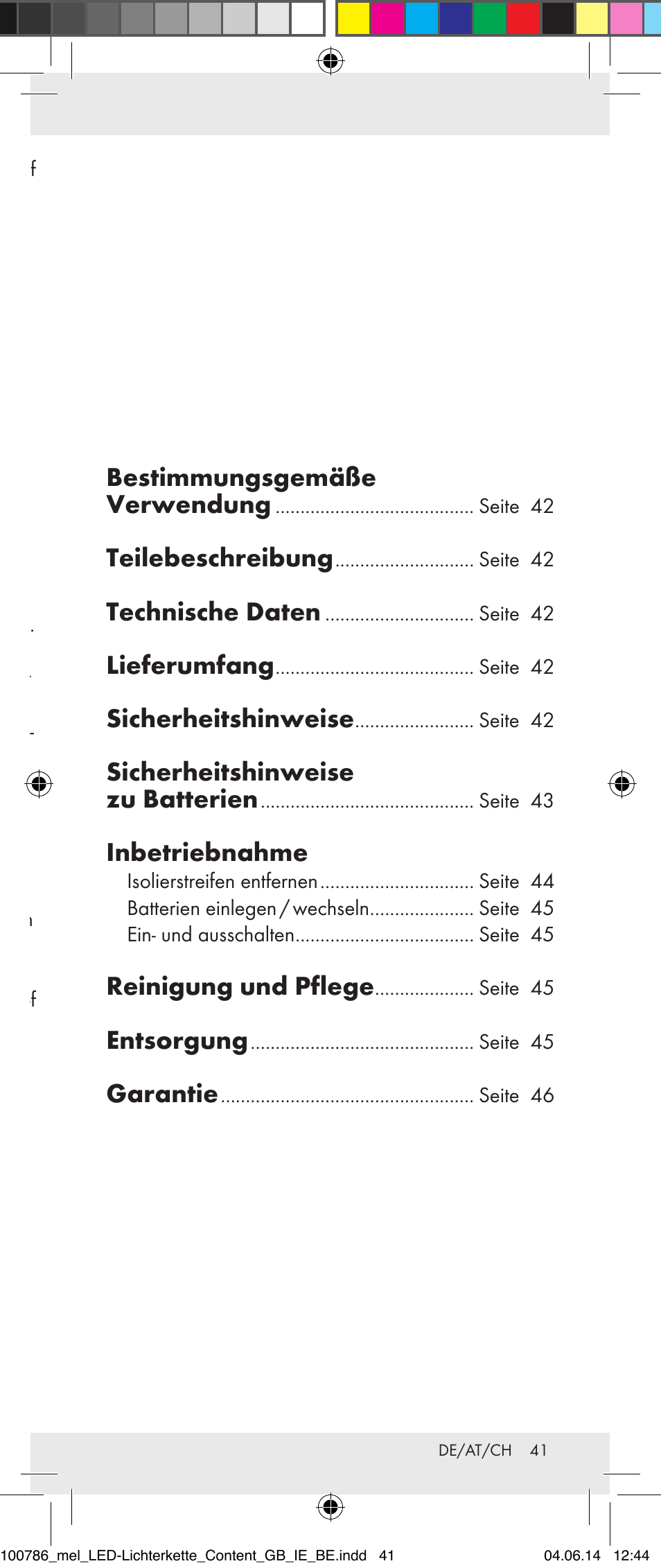 Garantie, Bestimmungsgemäße verwendung, Teilebeschreibung | Technische daten, Lieferumfang, Sicherheitshinweise, Sicherheitshinweise zu batterien, Inbetriebnahme, Reinigung und pflege, Entsorgung | Melinera 100786-14-01/02/03/04/05 User Manual | Page 41 / 47