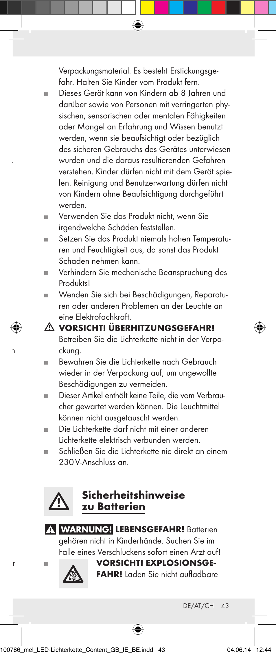 Led-lichtdekoration bestimmungsgemäße verwendung, Teilebeschreibung, Technische daten | Lieferumfang, Sicherheitshinweise, Sicherheitshinweise zu batterien | Melinera 100786-14-01/02/03/04/05 User Manual | Page 43 / 47
