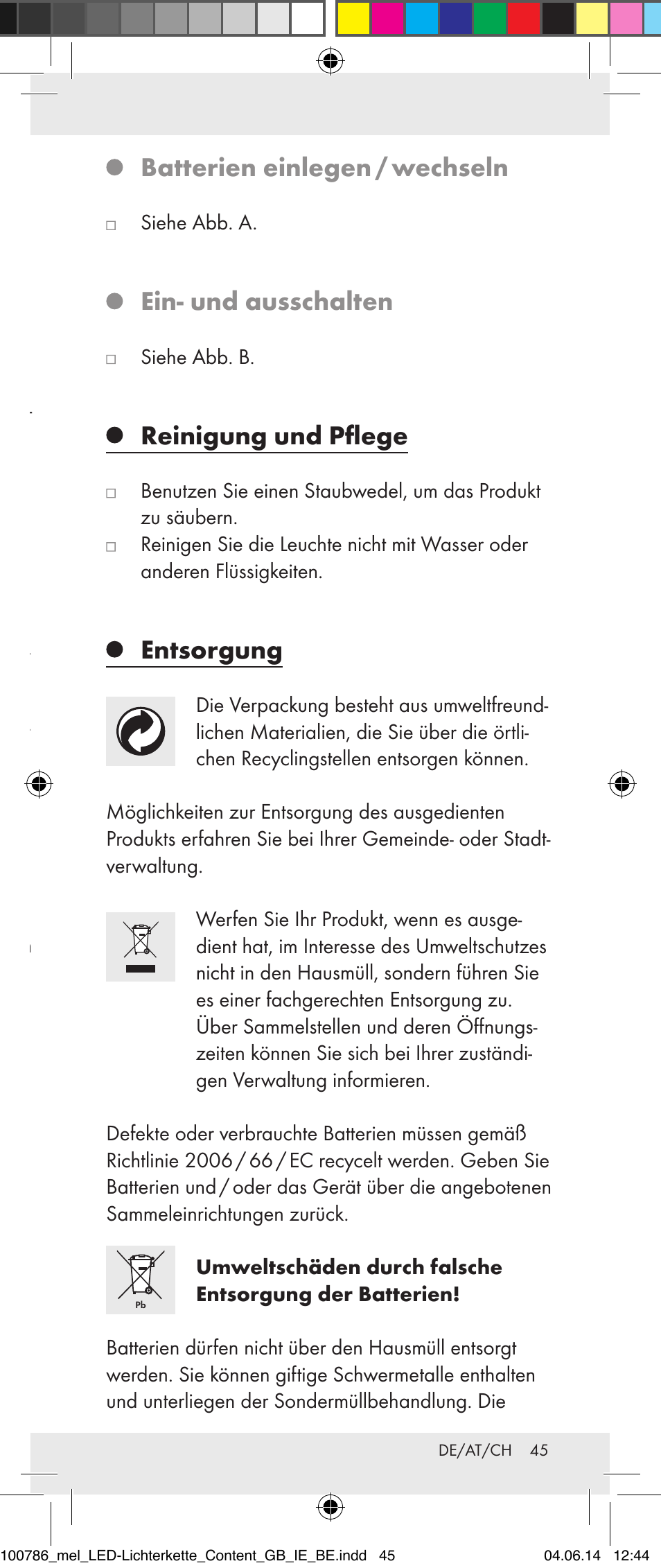 Batterien einlegen / wechseln, Ein- und ausschalten, Reinigung und pflege | Entsorgung, Inbetriebnahme isolierstreifen entfernen | Melinera 100786-14-01/02/03/04/05 User Manual | Page 45 / 47