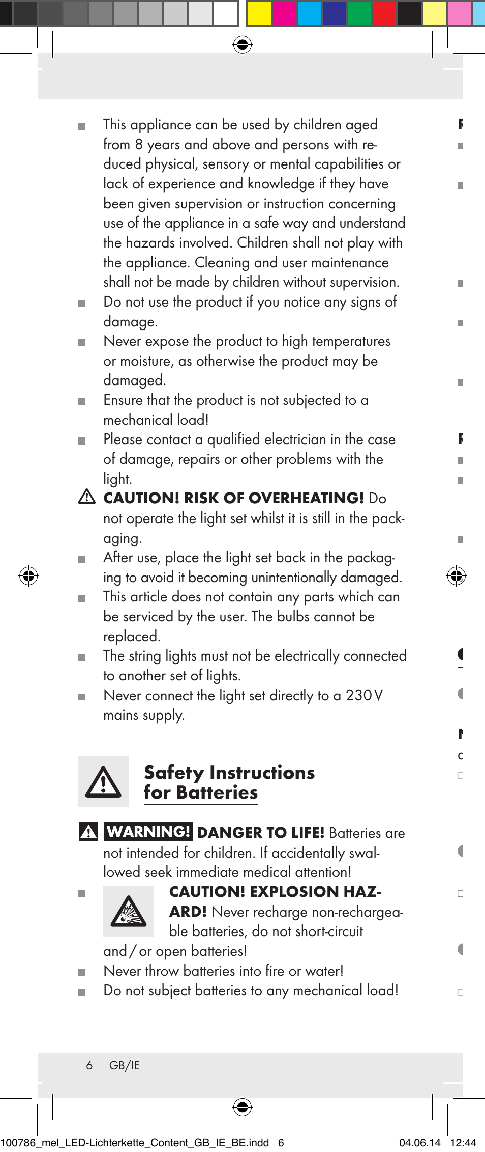 Safety instructions for batteries, Before first use removing the insulation strips, Inserting / replacing batteries | Switching on and off | Melinera 100786-14-01/02/03/04/05 User Manual | Page 6 / 47