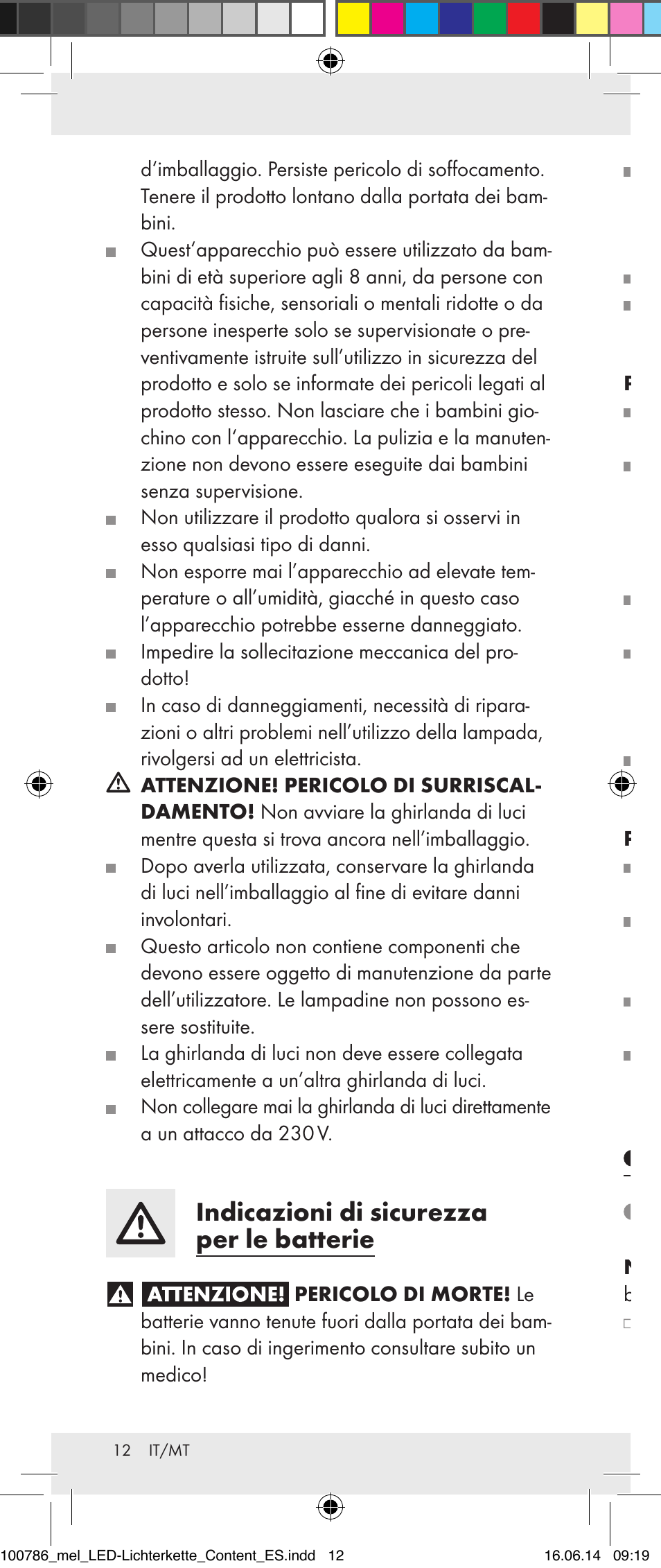 Indicazioni di sicurezza per le batterie, Avvio rimozione delle strisce isolanti | Melinera 100786-14-01/02/03/04/05 User Manual | Page 12 / 34