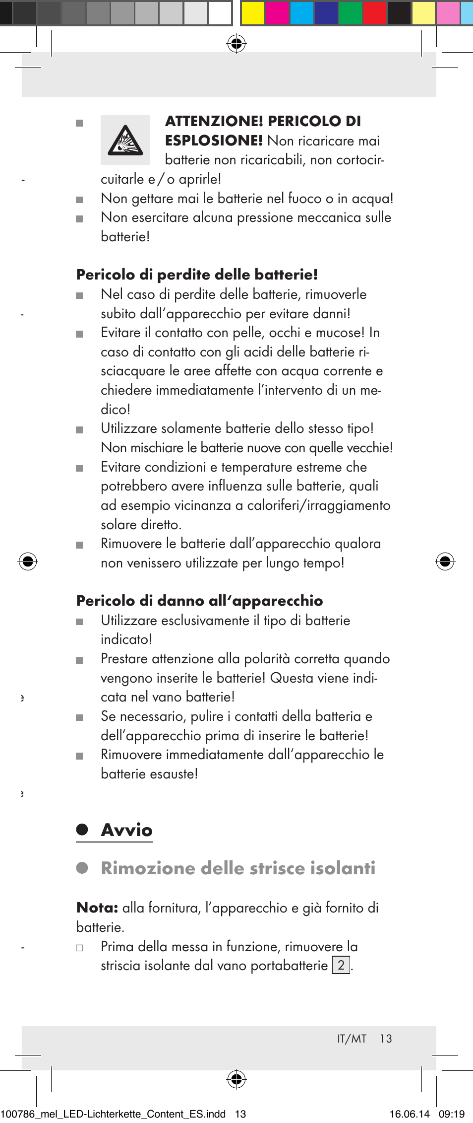 Indicazioni di sicurezza per le batterie, Avvio rimozione delle strisce isolanti | Melinera 100786-14-01/02/03/04/05 User Manual | Page 13 / 34