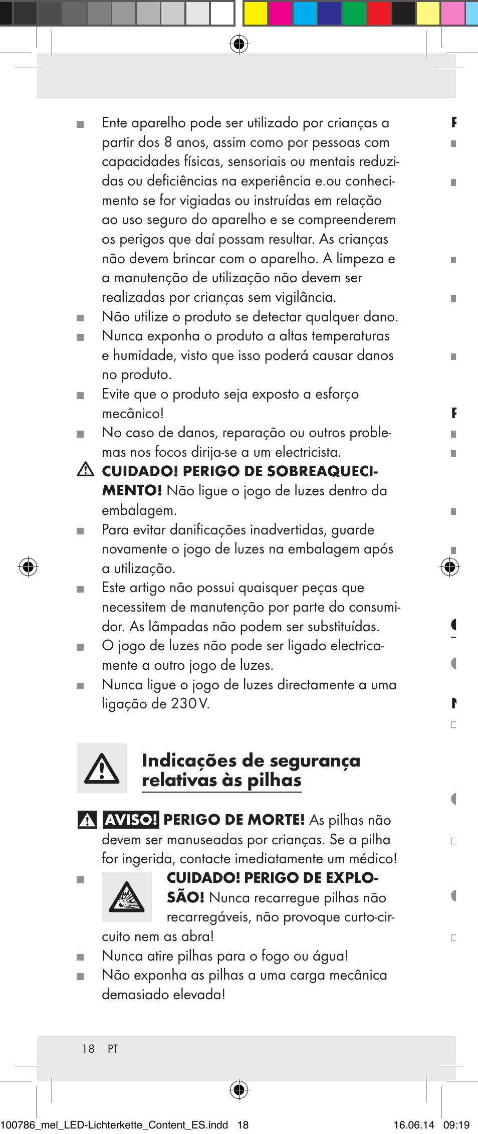 Indicações de segurança relativas às pilhas, Inserir / substituir pilhas, Ligar e desligar | Melinera 100786-14-01/02/03/04/05 User Manual | Page 18 / 34