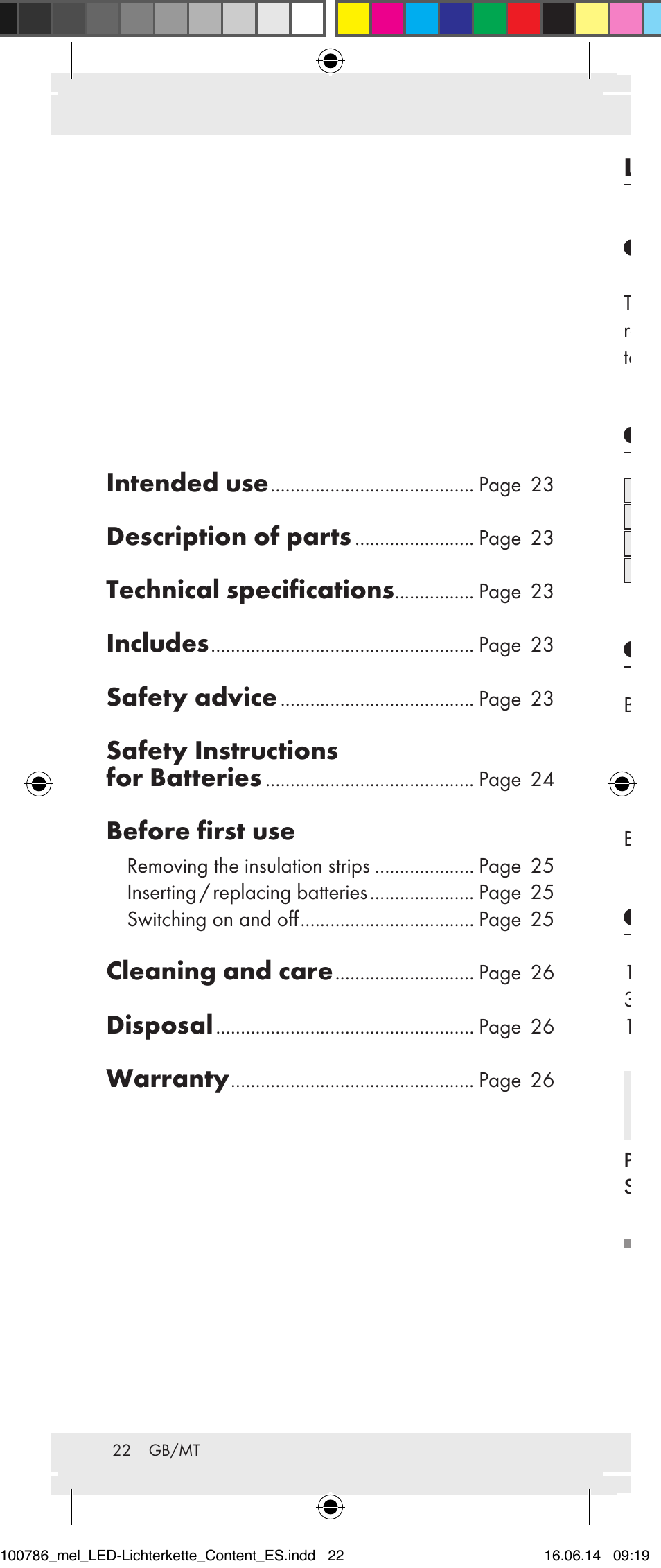 Intended use, Description of parts, Technical specifications | Includes, Safety advice, Safety instructions for batteries, Before first use, Cleaning and care, Disposal, Warranty | Melinera 100786-14-01/02/03/04/05 User Manual | Page 22 / 34