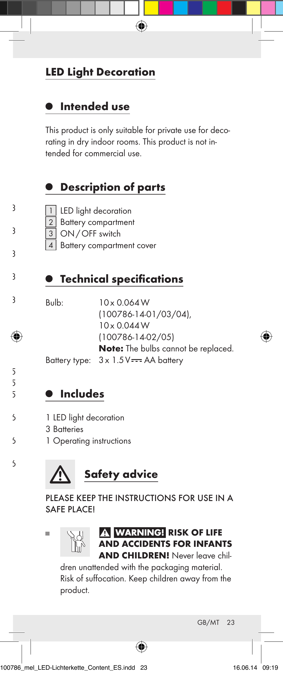 Intended use, Description of parts, Technical specifications | Includes, Safety advice, Safety instructions for batteries, Before first use, Cleaning and care, Disposal, Warranty | Melinera 100786-14-01/02/03/04/05 User Manual | Page 23 / 34